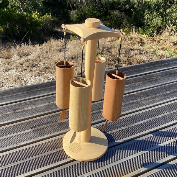 Koshi Earth Symphony Set of 4 Chimes + Premium Flower of Life Stand. Made in France - wind chime set with stand