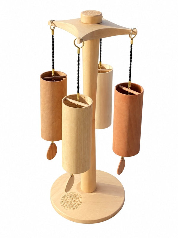 Koshi Earth Symphony Set of 4 Chimes + Premium Flower of Life Stand. Made in France - wind chime set with stand