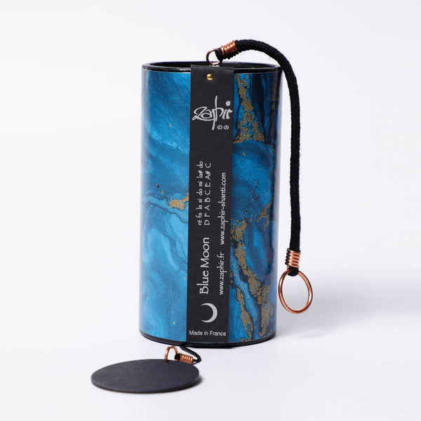 Zaphir Blue Moon winter wind chime with deep blue color, 40cm tall with silver-welded metal cords and cellulose resonance tube, handcrafted