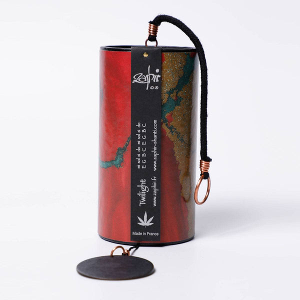 Zaphir Twilight wind chime in red, handcrafted cellulose resonance tube with eight silver-welded metal cords, Autumn season, made in France