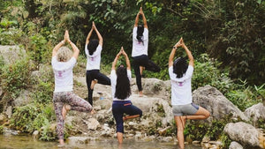 Yoga training group practising tree pose on rocks beside a river in Rishikesh